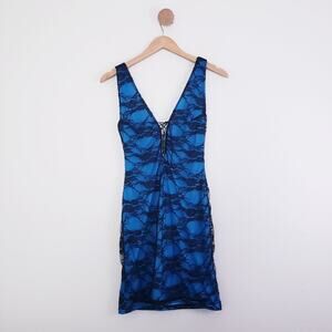 Vintage Frederick's of Hollywood Blue Black Lace Corset Mini Slip Dress Small